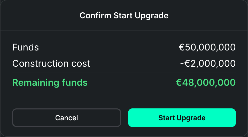 Club Facilities screenshot: Upgrade Cost