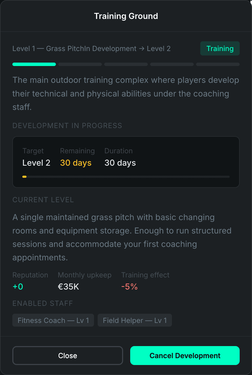 Club Facilities screenshot: Upgrade Ongoing