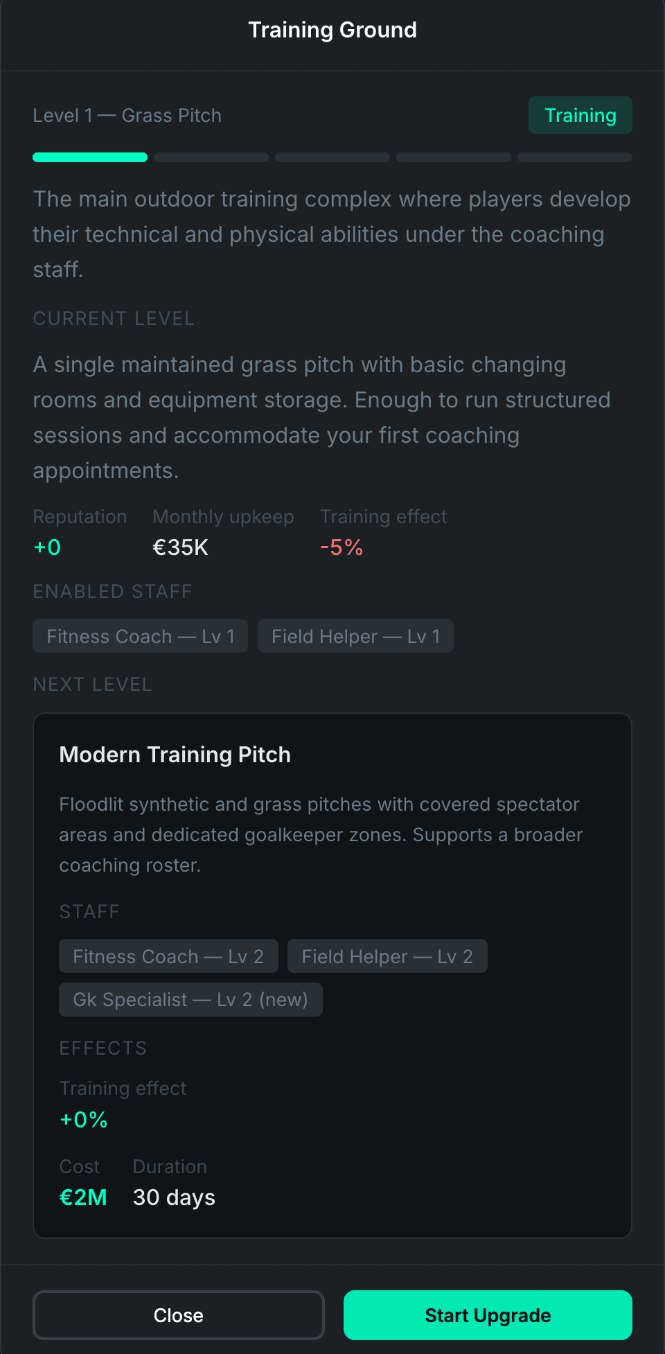 Club Facilities screenshot: Upgrade