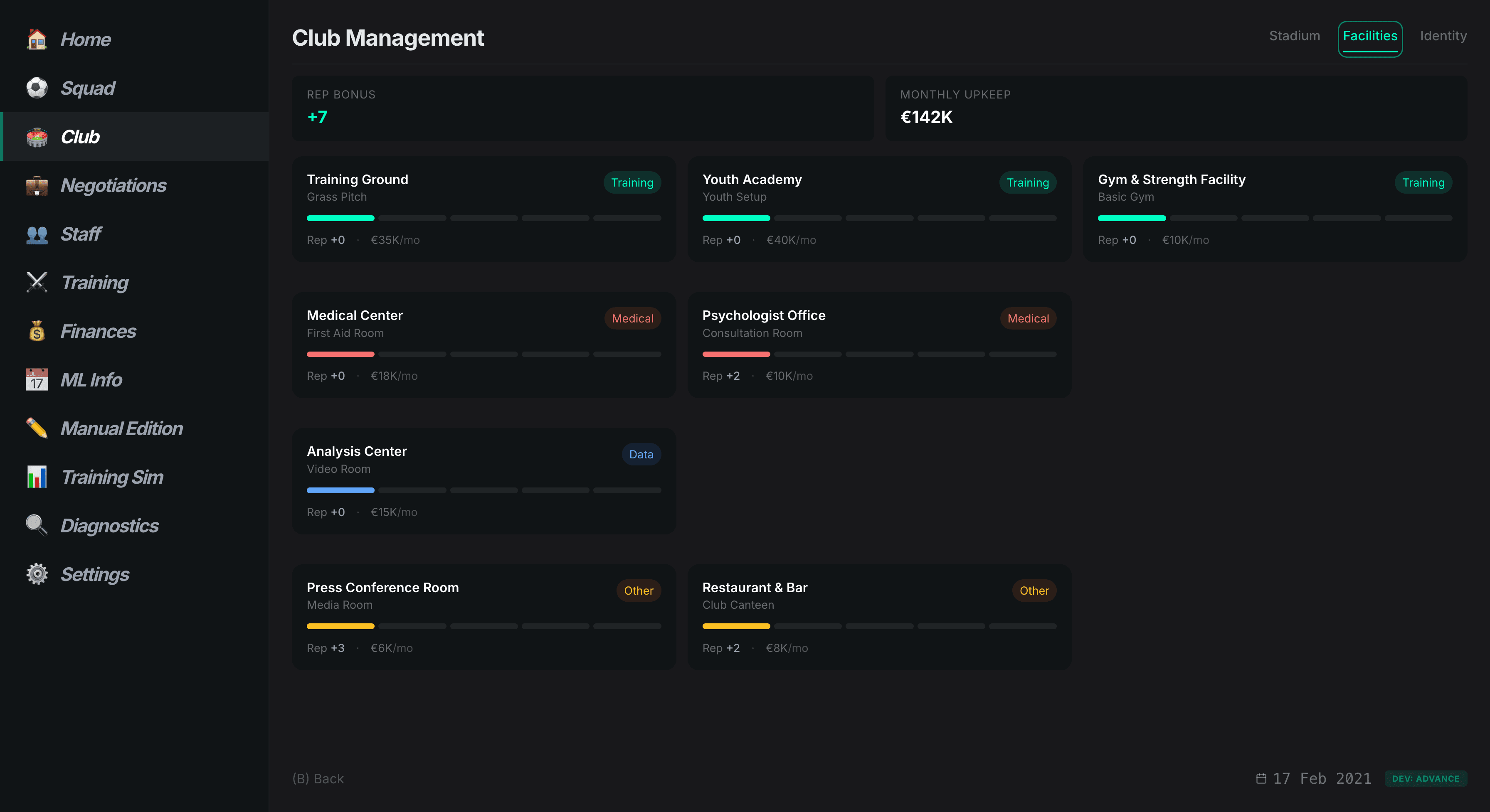 Club Management screenshot: Facilities