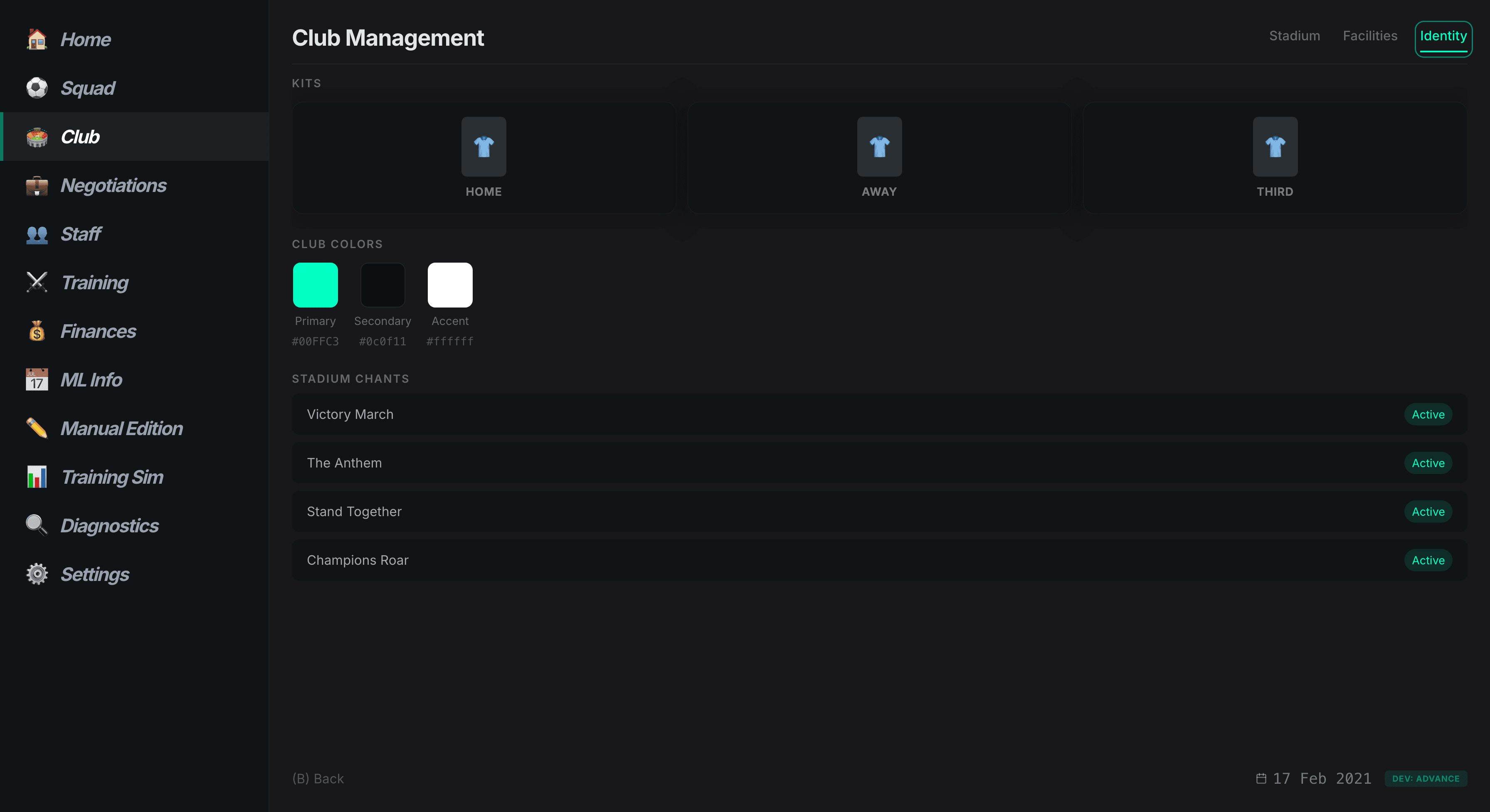 Club Management screenshot: Identity