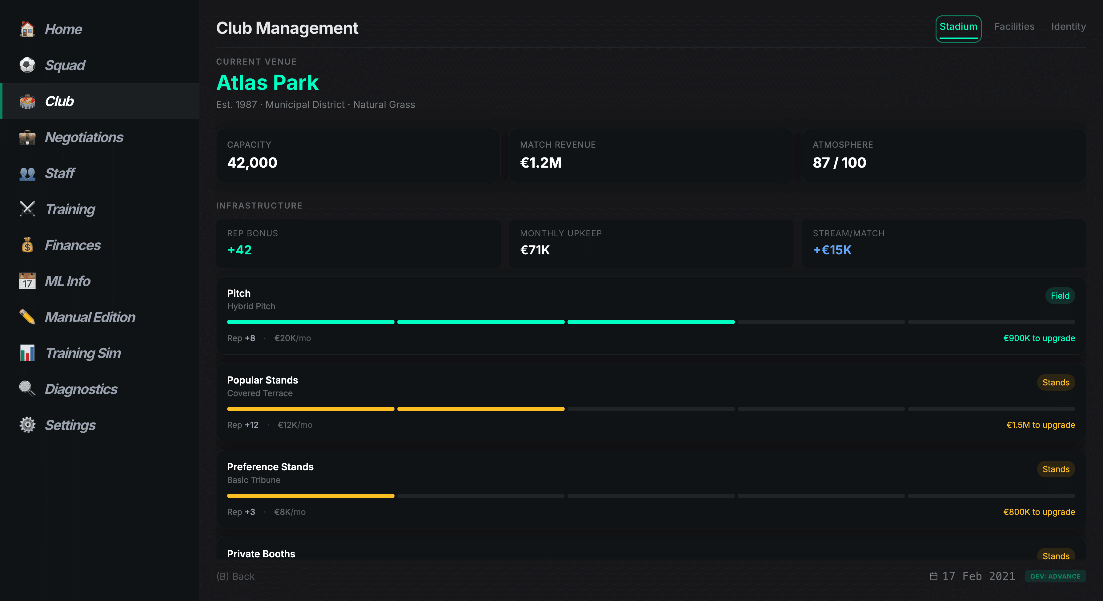Club Management screenshot: Stadium