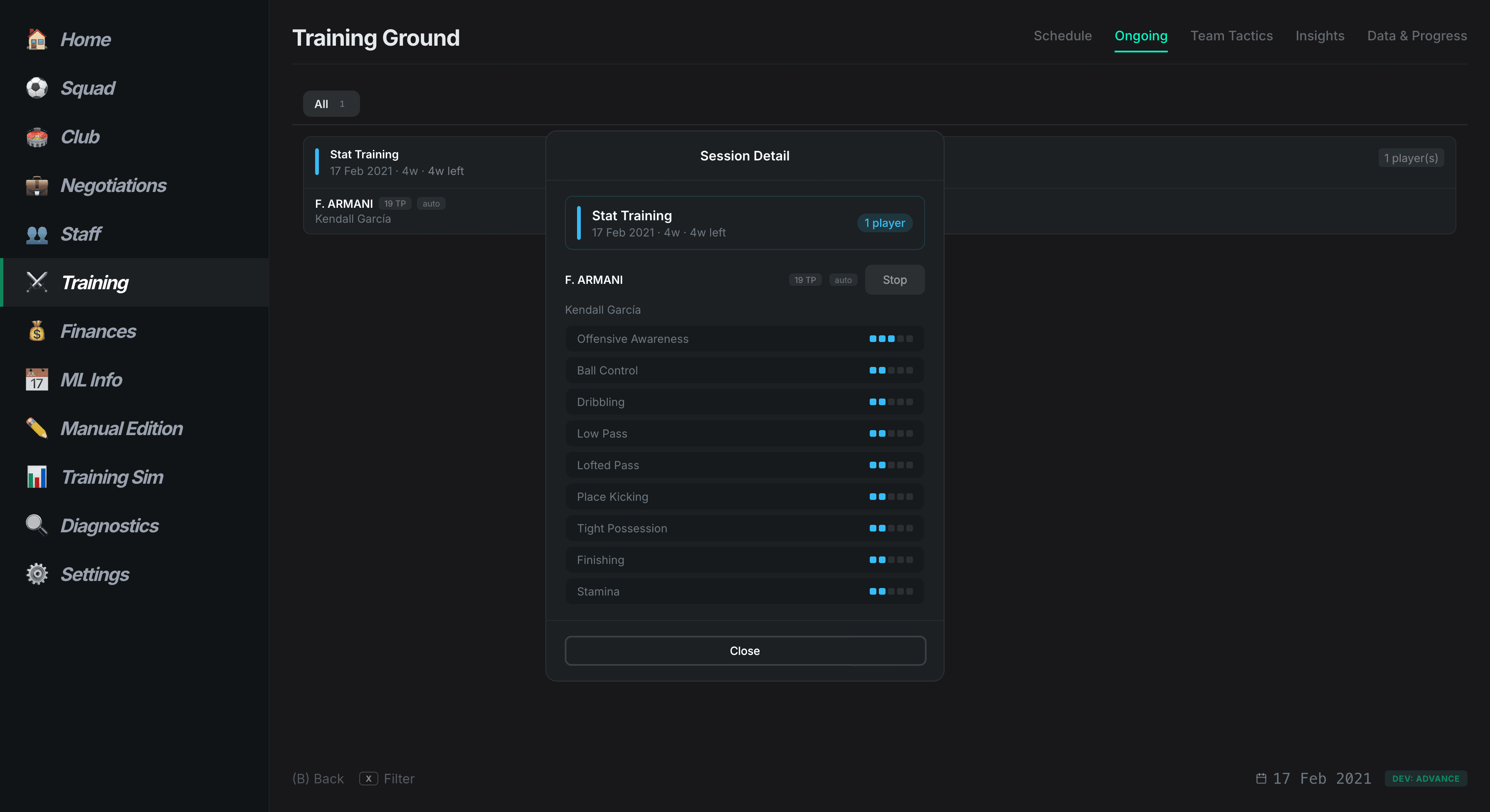 Real Master League training workflow screenshot
